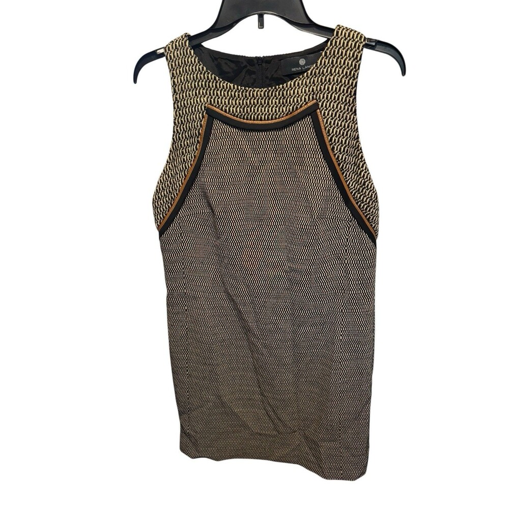 RENA LANGE Camel Black  Geometric Shift  Dress Virgin Wool Sleeveless Business